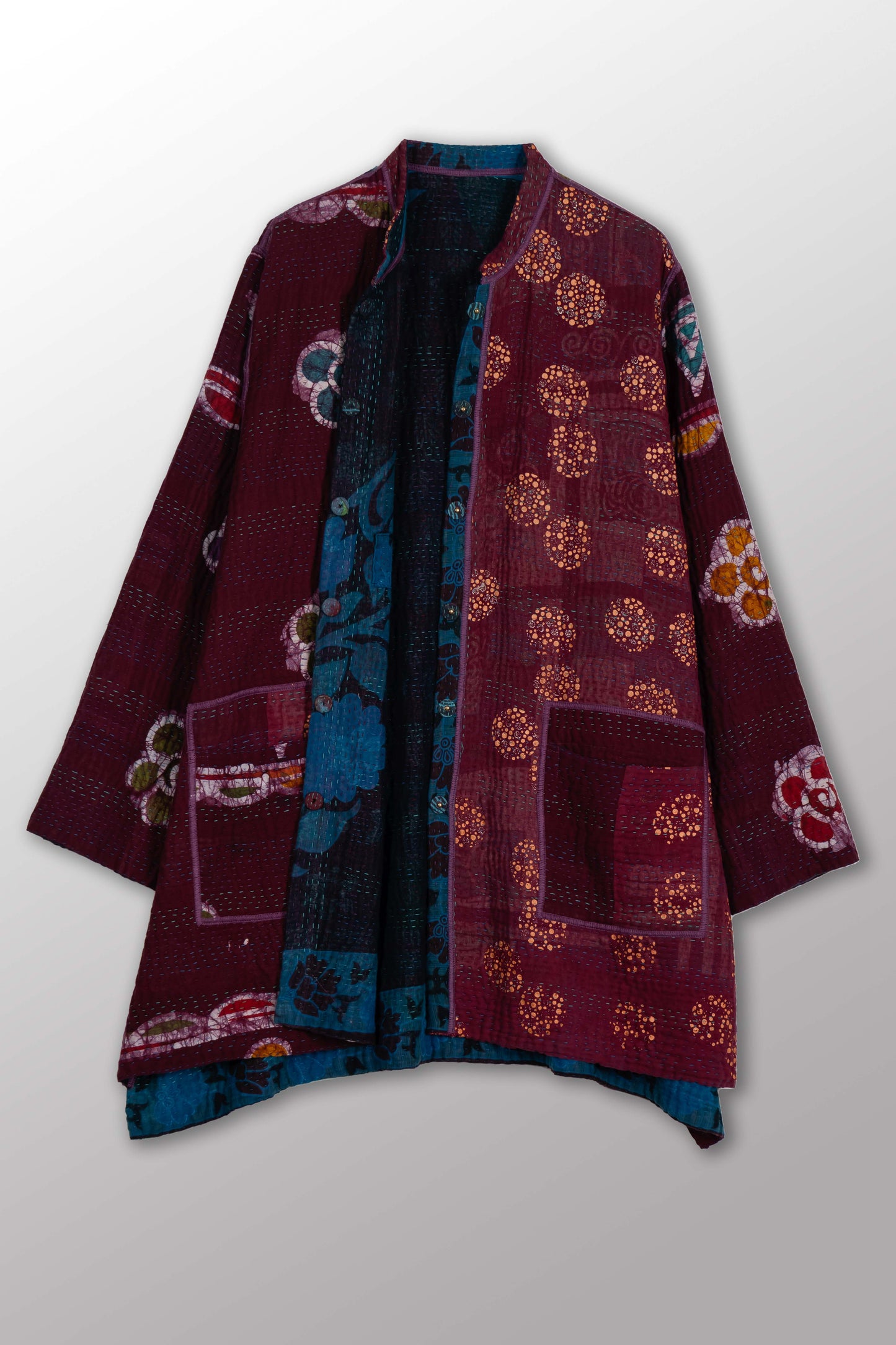 COTTON OVERDYE KANTHA KAFTAN JACKET MEDIUM - ov4089-cblu001m -