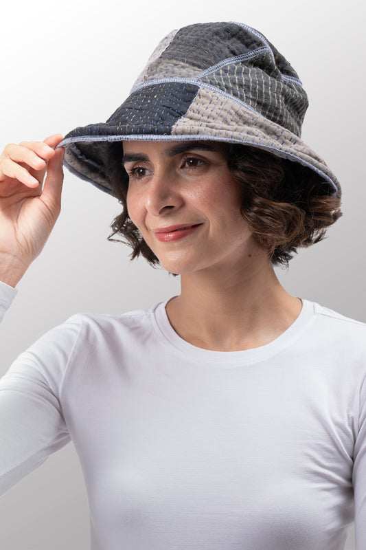 FRAYED PATCH KANTHA CIRCULAR CUT BRIM HAT - fi4882-glk -