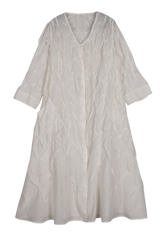 DYED COTTON SILK VOILE WAVY TUCK A-LINE DRESS - dc1453-wht -