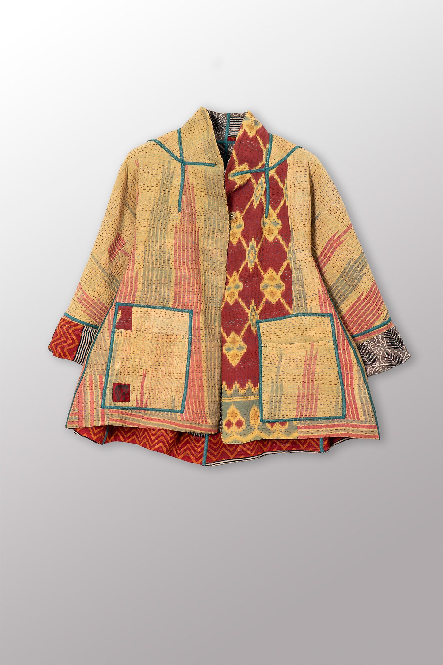VINTAGE SILK GEORGETTE COTTON KANTHA FLARE SHORT JACKET - gc4011-0001s -