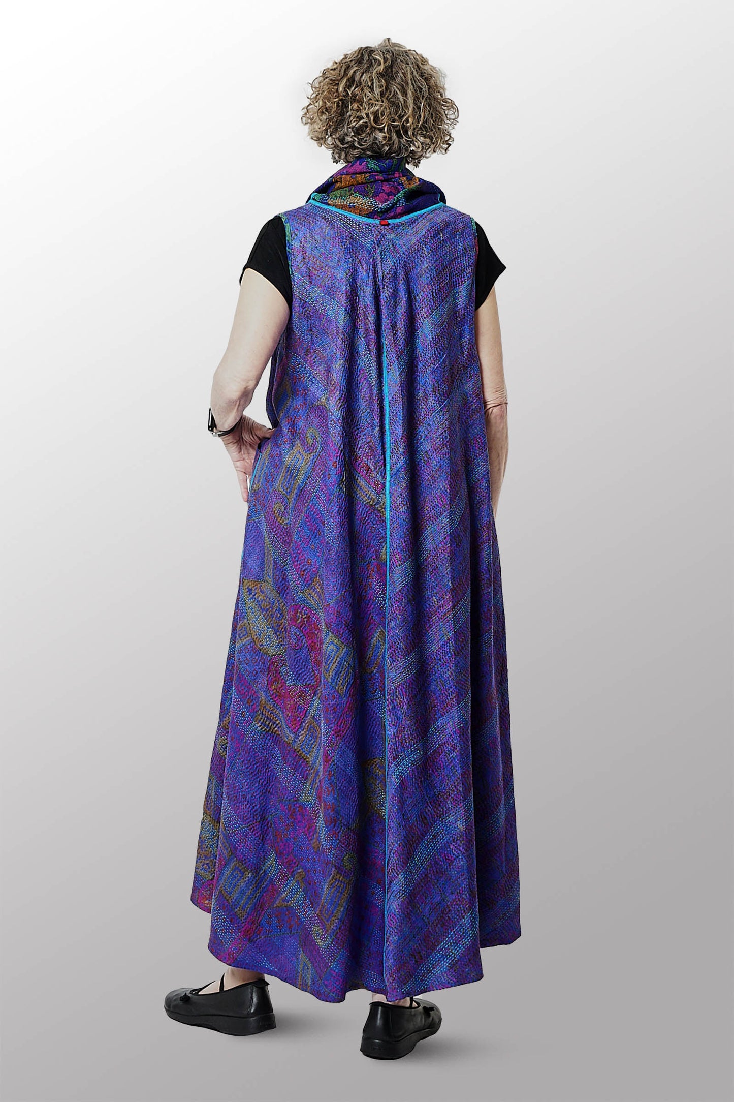 VINTAGE SILK GEORGETTE KANTHA COWL NECK MAXI DRESS - sg2438-0003m -