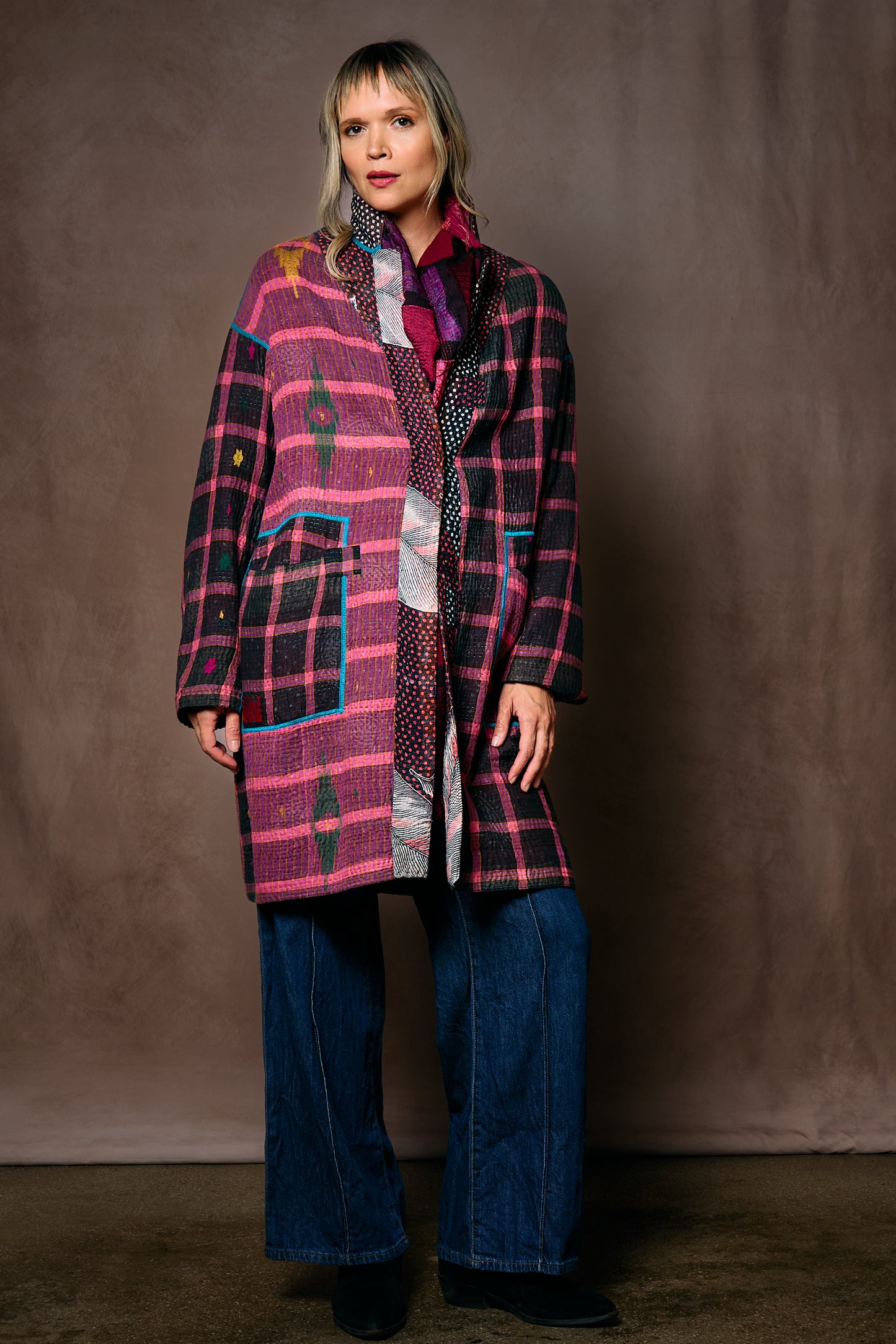 VINTAGE COTTON KANTHA LONG LINE JACKET - cv4059-5001m -
