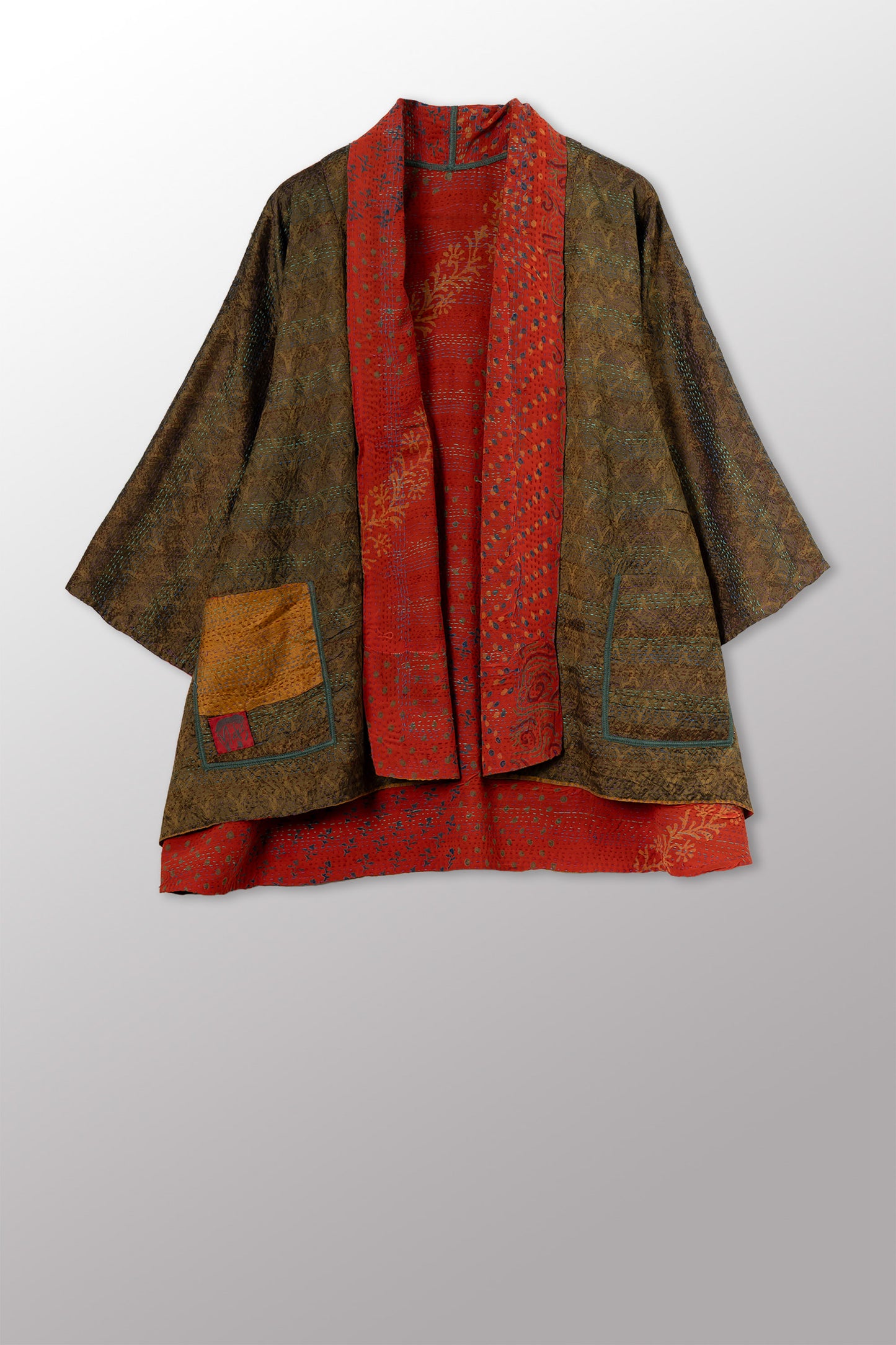 GEORGETTE JACQUARD VINTAGE SILK PATCH KANTHA KIMONO JACKET - gj2004-0003a -