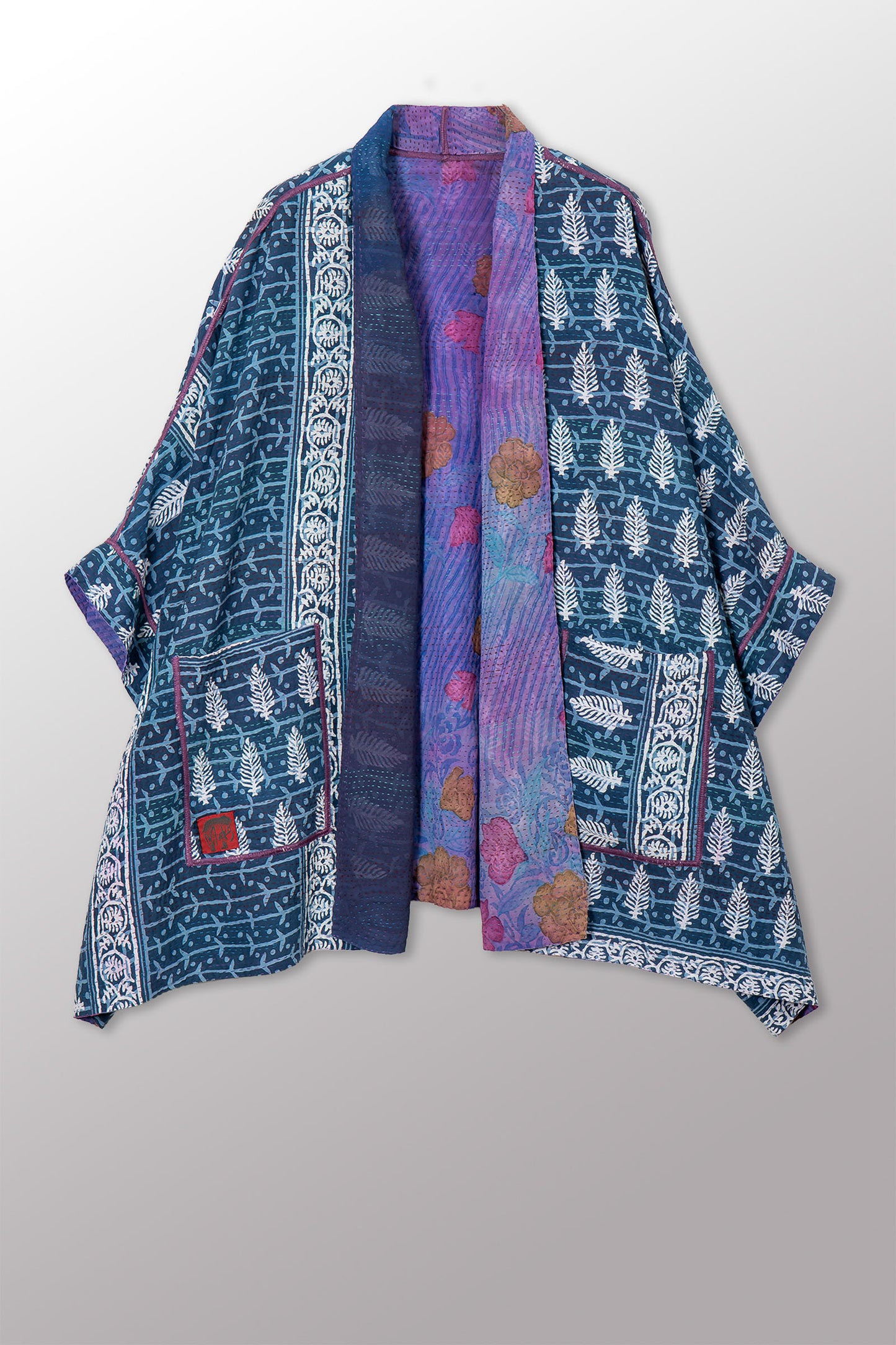 VINTAGE SILK GEORGETTE COTTON KANTHA DOUBLE COLLAR PONCHO - gc2323-0004a -
