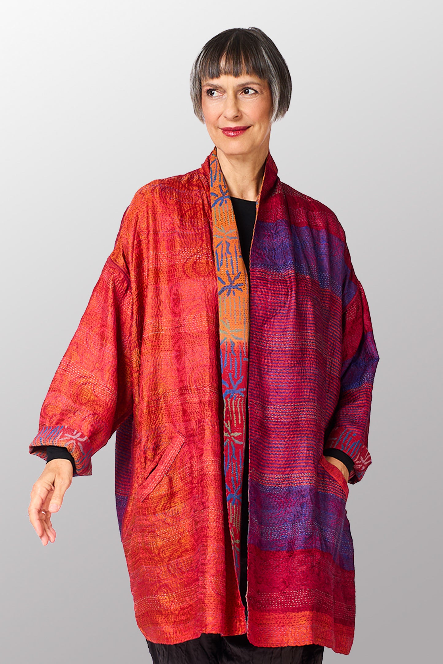 GEORGETTE JACQUARD VINTAGE SILK PATCH KANTHA HAORI JACKET - gj2068-0001a -
