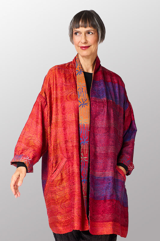 GEORGETTE JACQUARD VINTAGE SILK PATCH KANTHA HAORI JACKET - gj2068-0001a -