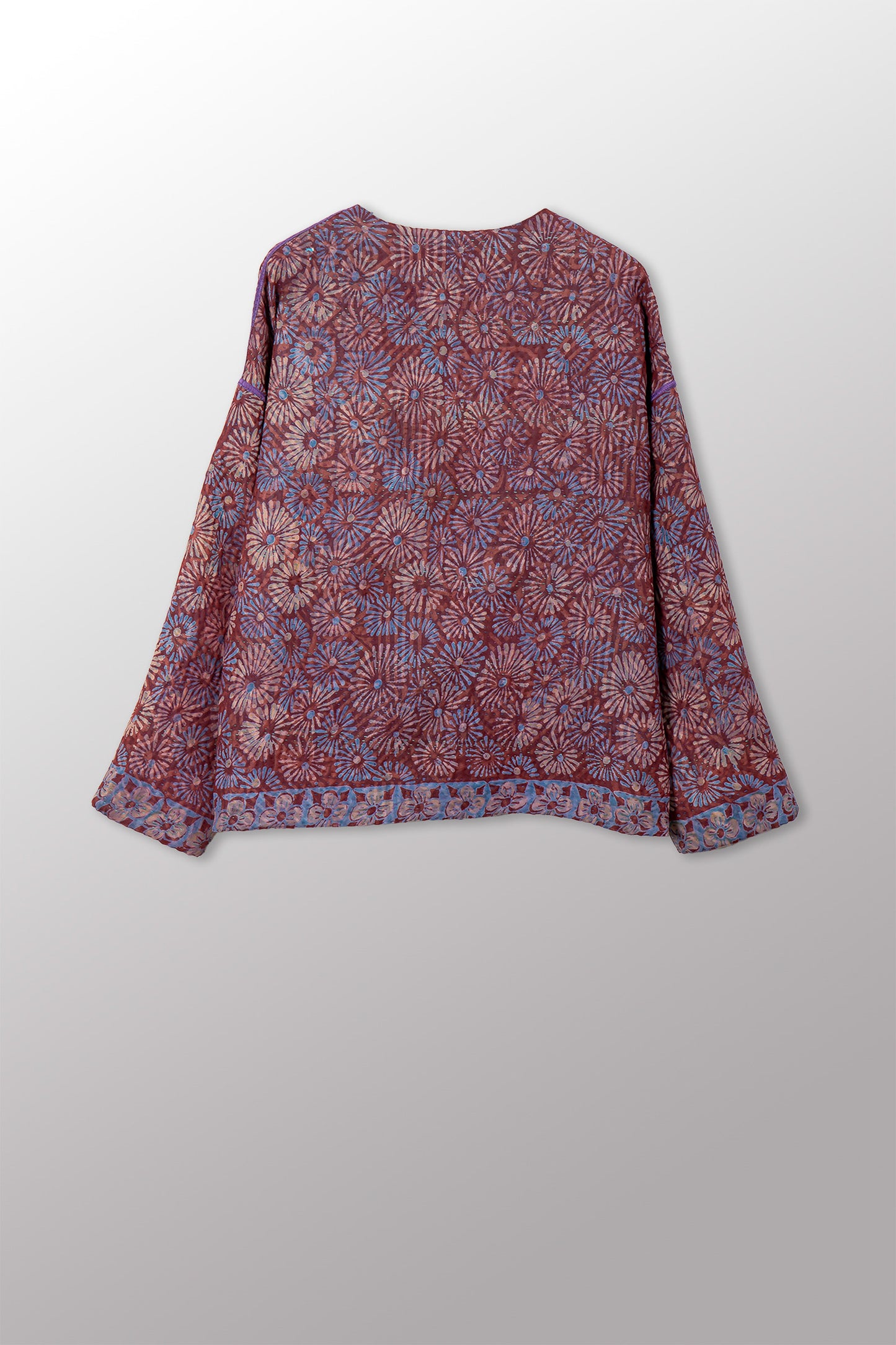 VINTAGE SILK GEORGETTE COTTON KANTHA CREW NECK SHORT JACKET - gc4053-0001a -