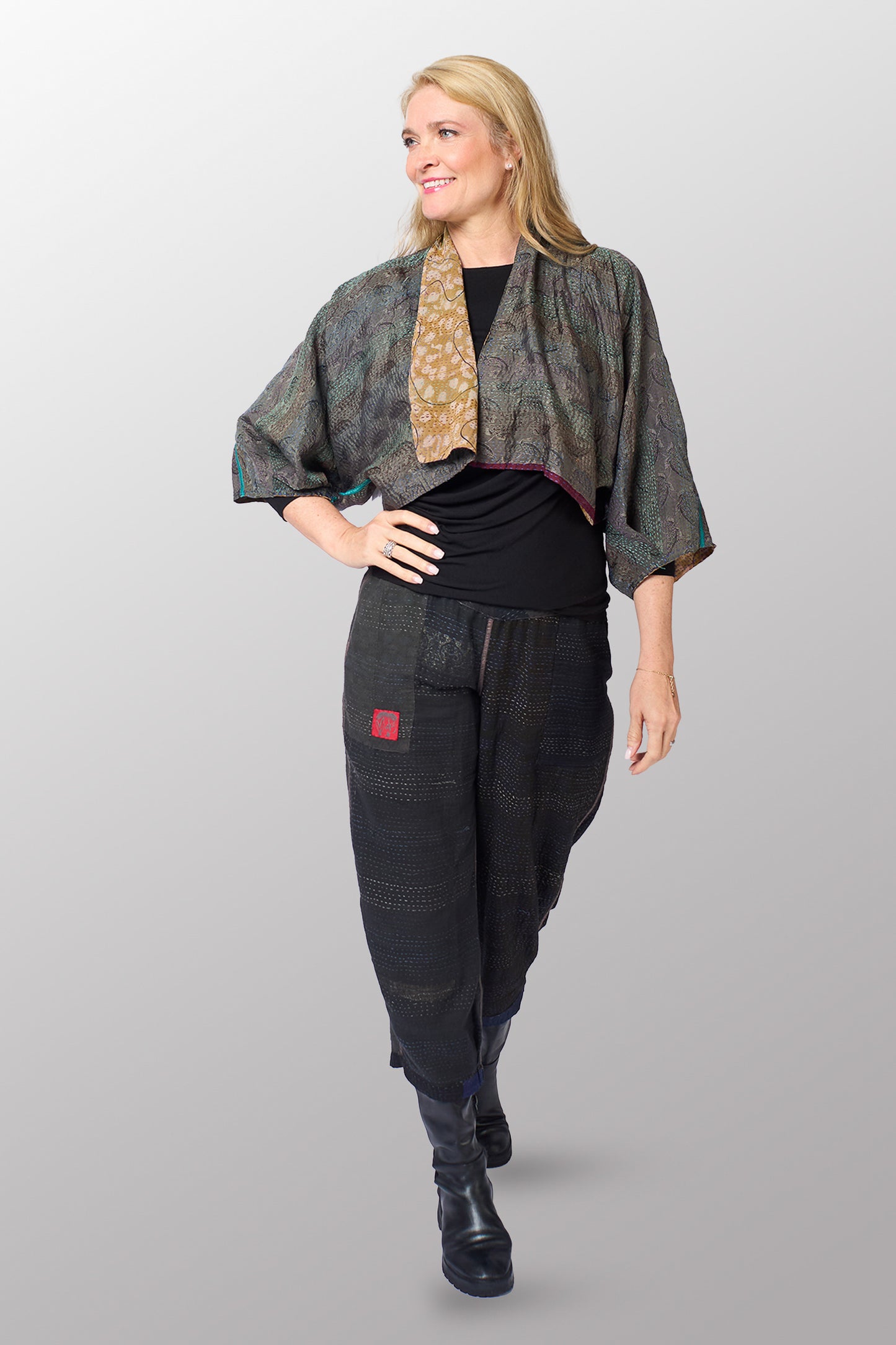 GEORGETTE JACQUARD VINTAGE SILK PATCH KANTHA PUFF SLV. SHRUG - gj2062-0001a -