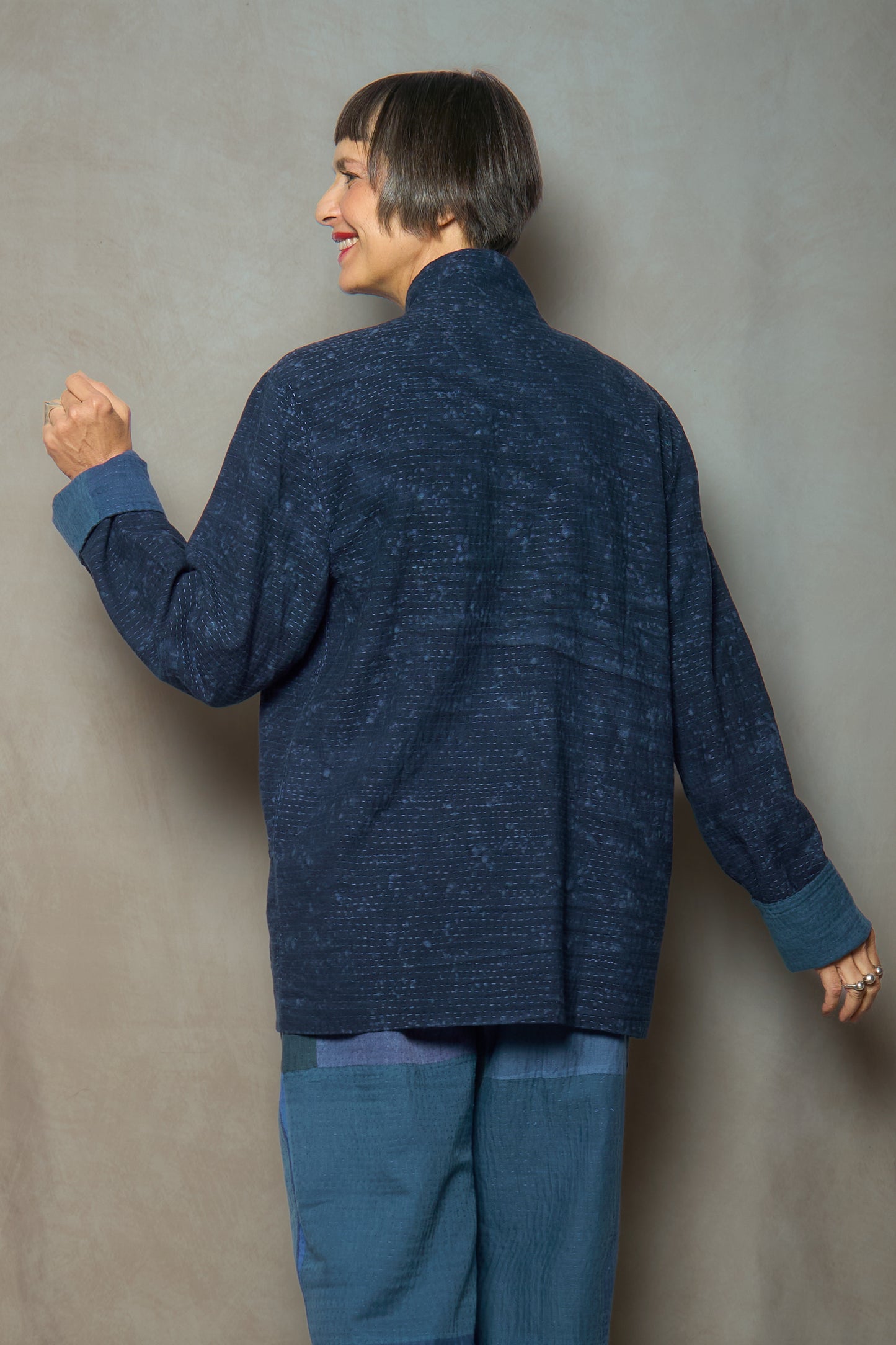DUCK SUN DYE WITH PATCH KANTHA SIMPLE MEN'S JACKET - us2072-nvy -