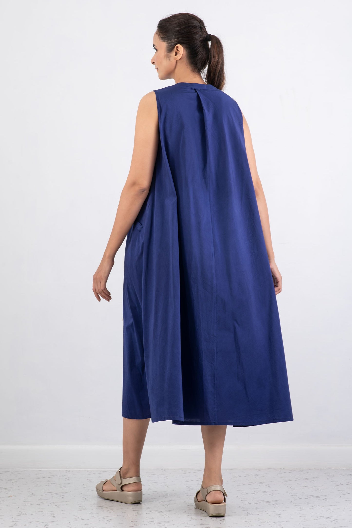 DYED COTTON SILK HEAVY VOILE WAVY BAND COLLAR MAXI DRESS - dh1439-blu -