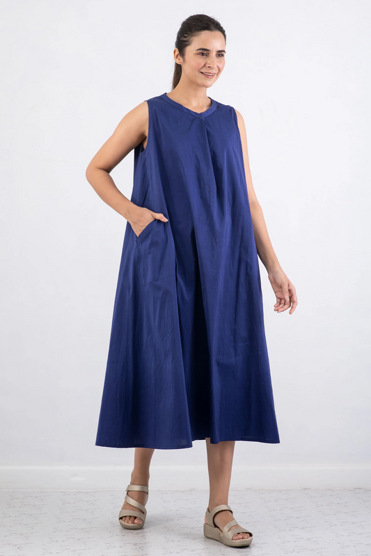 DYED COTTON SILK HEAVY VOILE WAVY BAND COLLAR MAXI DRESS - dh1439-blu -