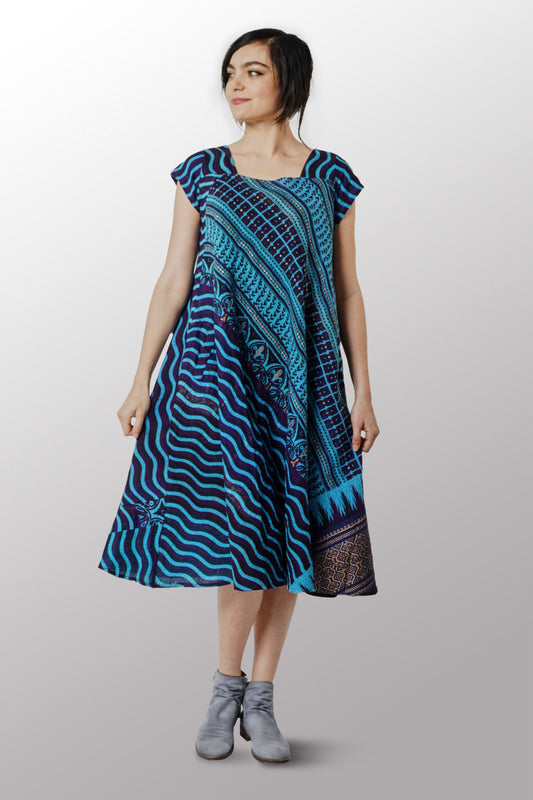 DESERT WAVES KANTHA SQUARE NECK FLARE DRESS - dw2431-blu -