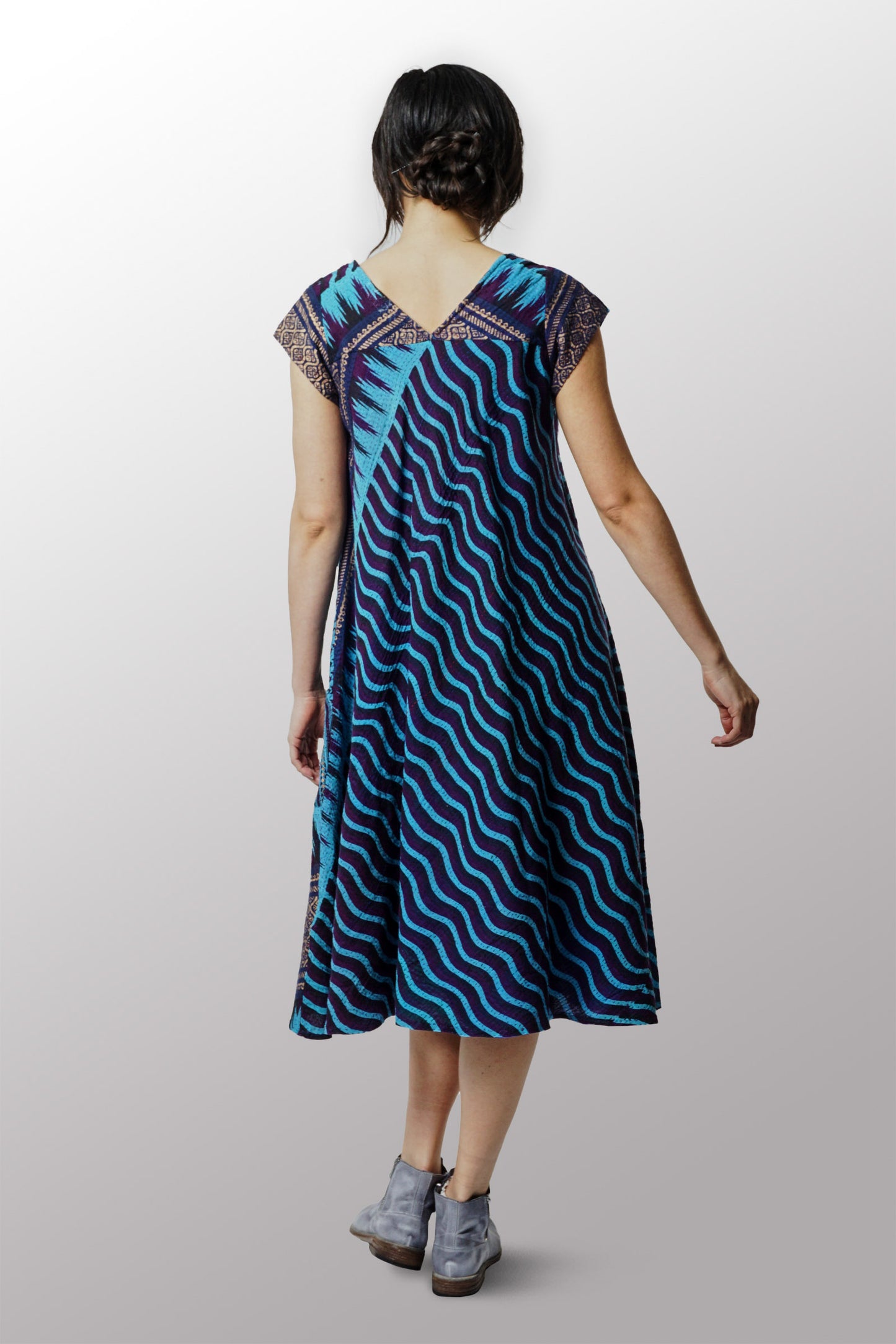 DESERT WAVES KANTHA SQUARE NECK FLARE DRESS - dw2431-blu -