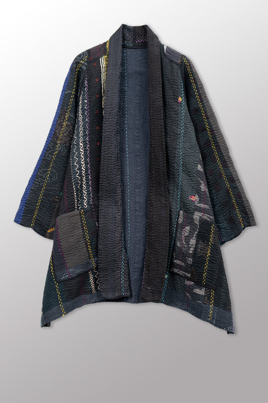 JEWEL WOVEN WITH VERTICAL PATCH KANTHA A-LINE JACKET - jv4003-blk -