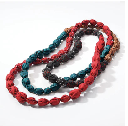 VINTAGE SILK KANTHA TIE-BEADS LONG NECKLACE - sv2707-tel -