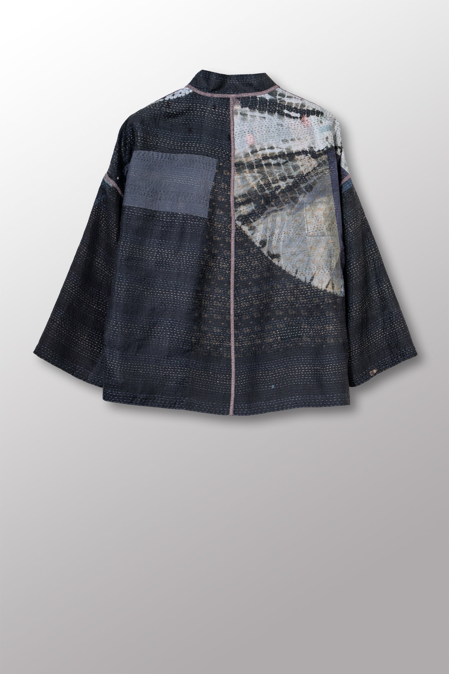 TIE DYE CIRCLE SHIBORI KANTHA STAND COLLAR CROPPED JACKET - td2034-blk -