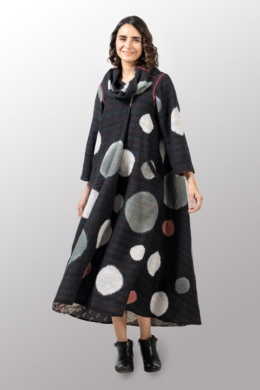 PATCH & CIRCLE PRINT KANTHA COWL NECK LONG SLEEVE DRESS - pc2450-blk -