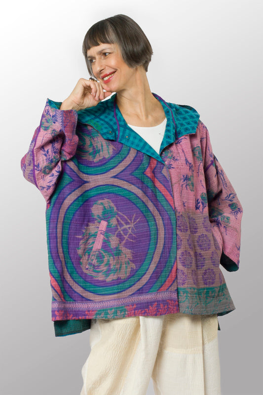 COTTON OVERDYE KANTHA HOODIE PONCHO - ov2064-ctel001a -