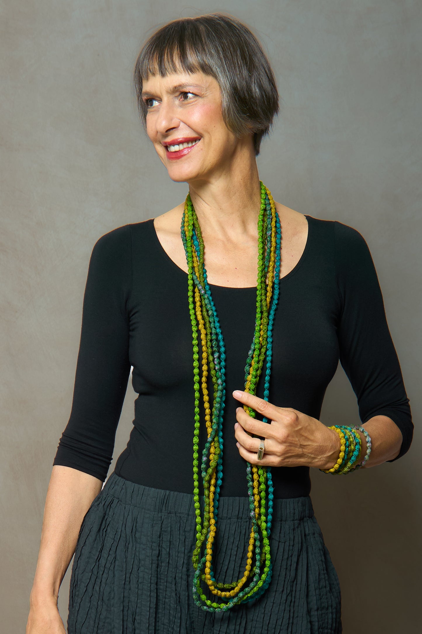 VINTAGE SILK KANTHA 5 STRAND NECKLACE - sv2730-grn -