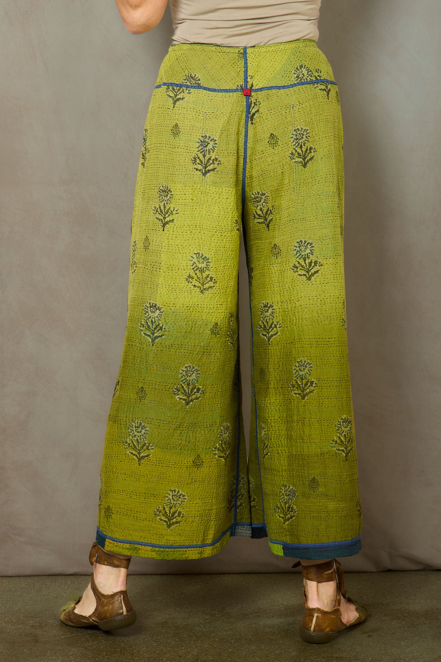 MARBLE FRAY PATCH KANTHA MID RISE WIDE LEG PANTS - mf2665-grn -