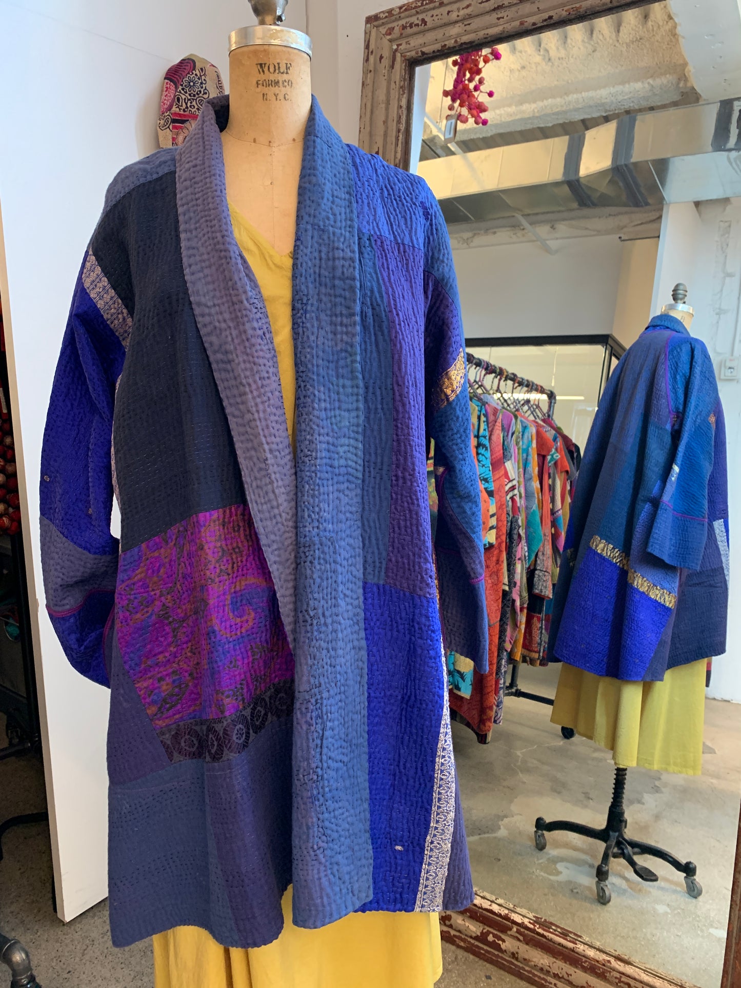 COTTON SILK SW PATCH KANTHA KIMONO LONG JKT - ws4005-blu -