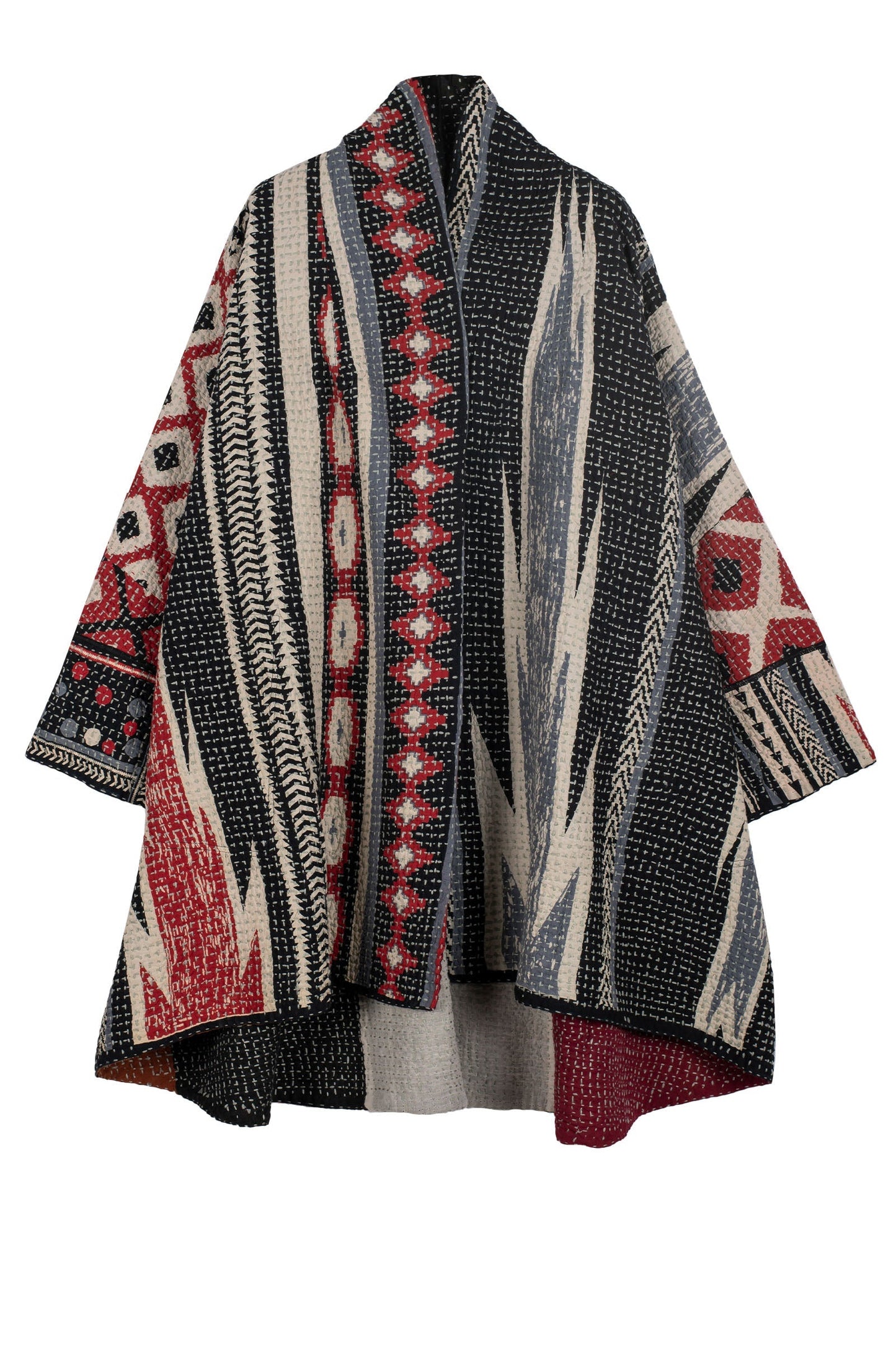 WAFFLE IKAT KANTHA KIMONO LONG JACKET - wi3005-red -