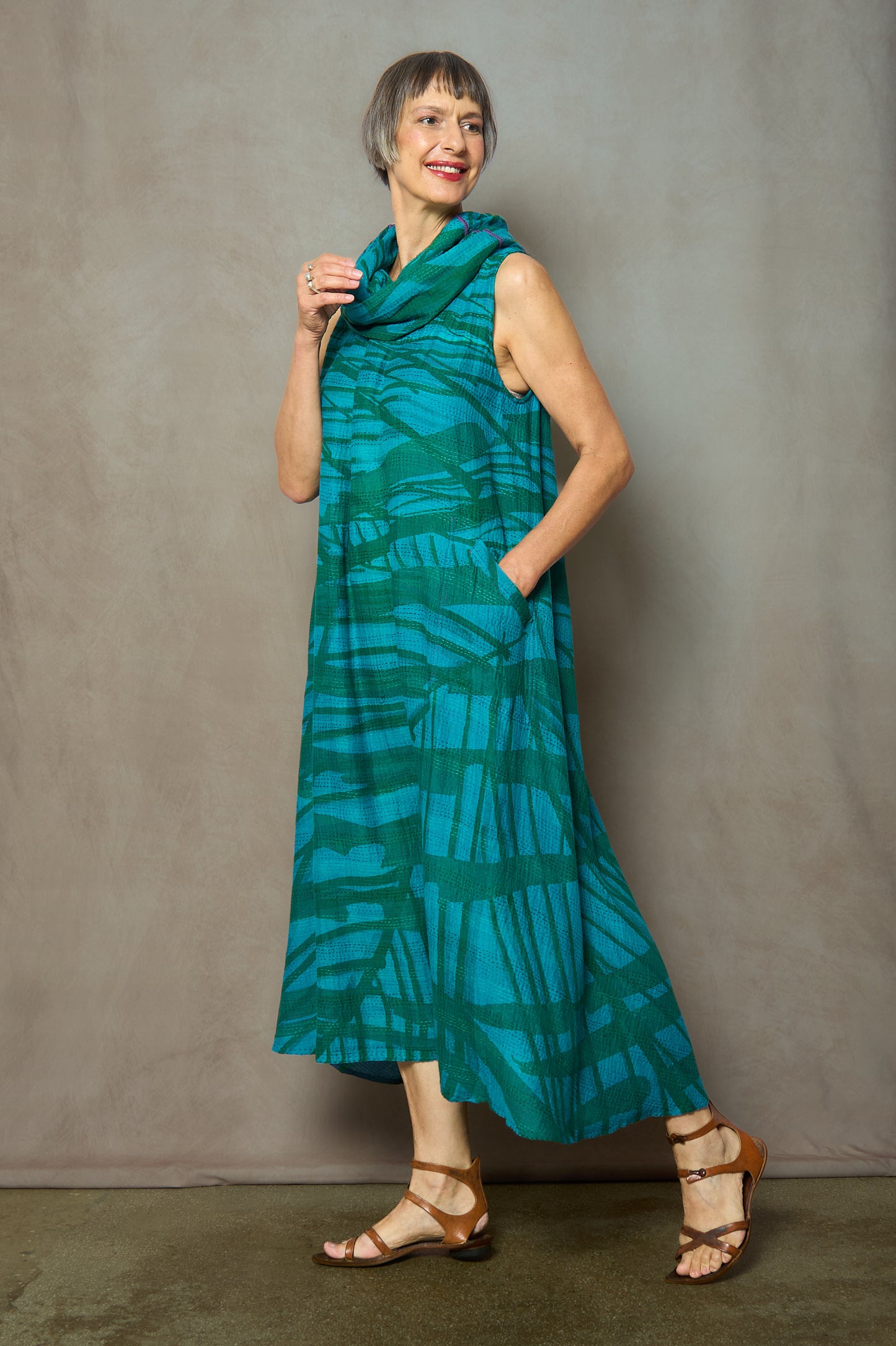MARIGOLD PRINT WITH OVERDYE KANTHA COWL NECK MAXI DRESS - ov-mg2438-tuq -