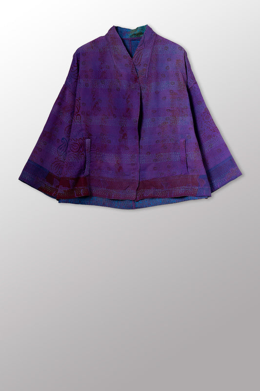 GEORGETTE JACQUARD VINTAGE SILK PATCH KANTHA STAND COLLAR CROPPED JACKET - gj2034-0001a -