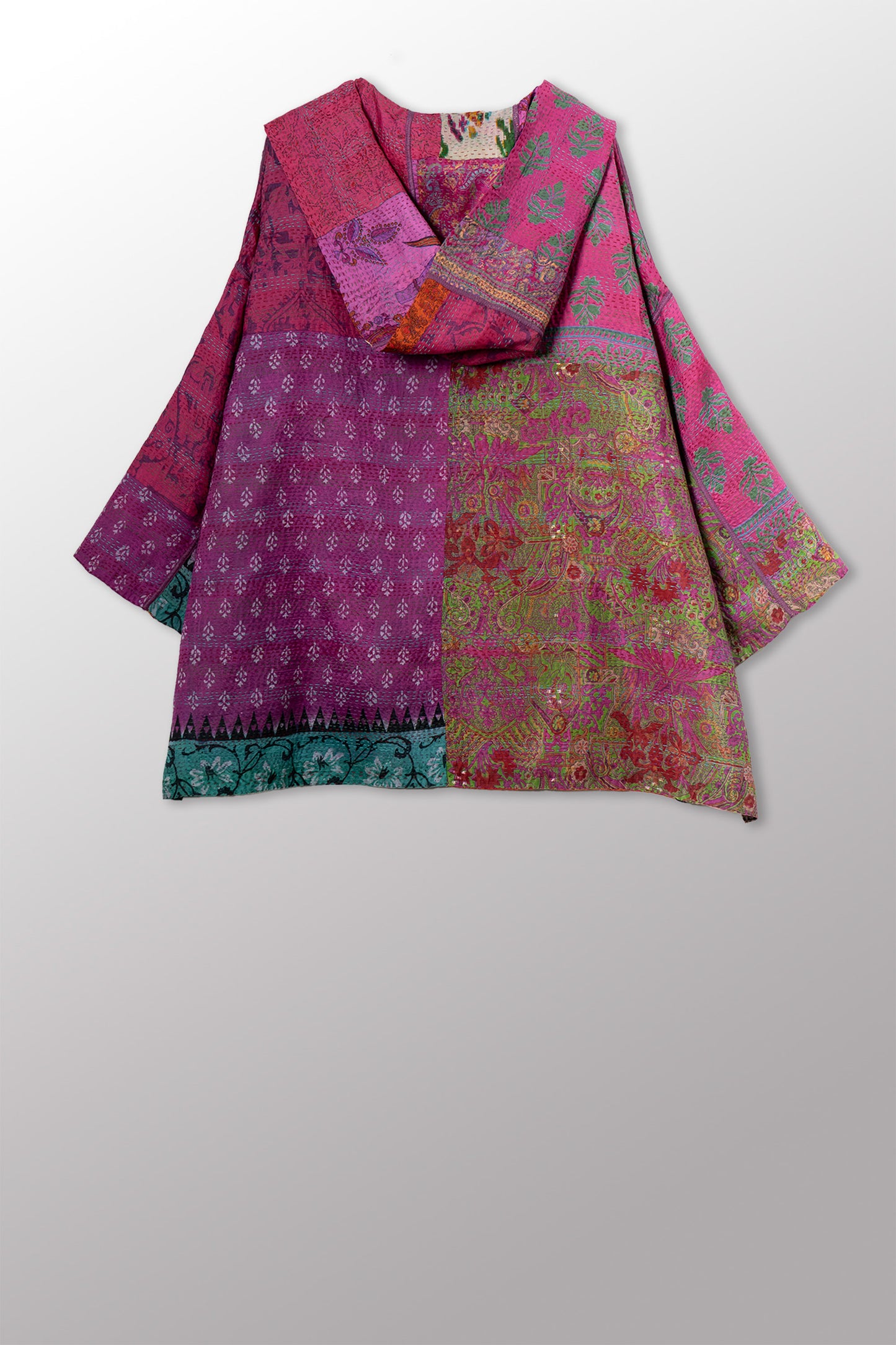 VINTAGE SILK KANTHA HOODIE PONCHO - sv2064-0003a -