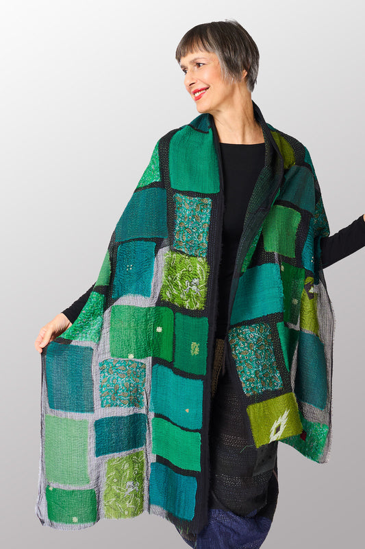 TONAL TILE PATCH KANTHA SCARF STANDARD - tt2801-ngy -