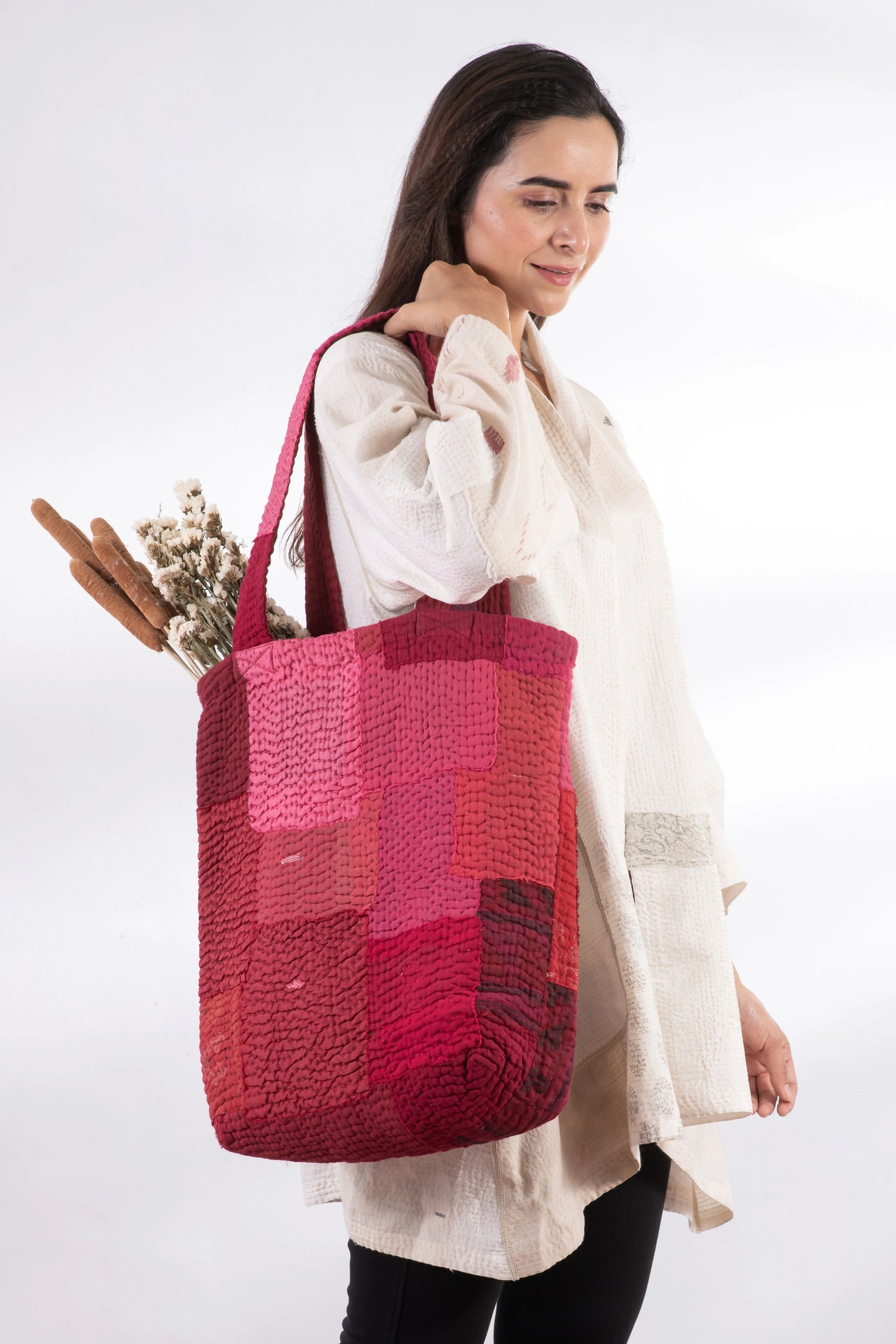 Landscape Handmade Vintage Kantha Tote Bag -Red