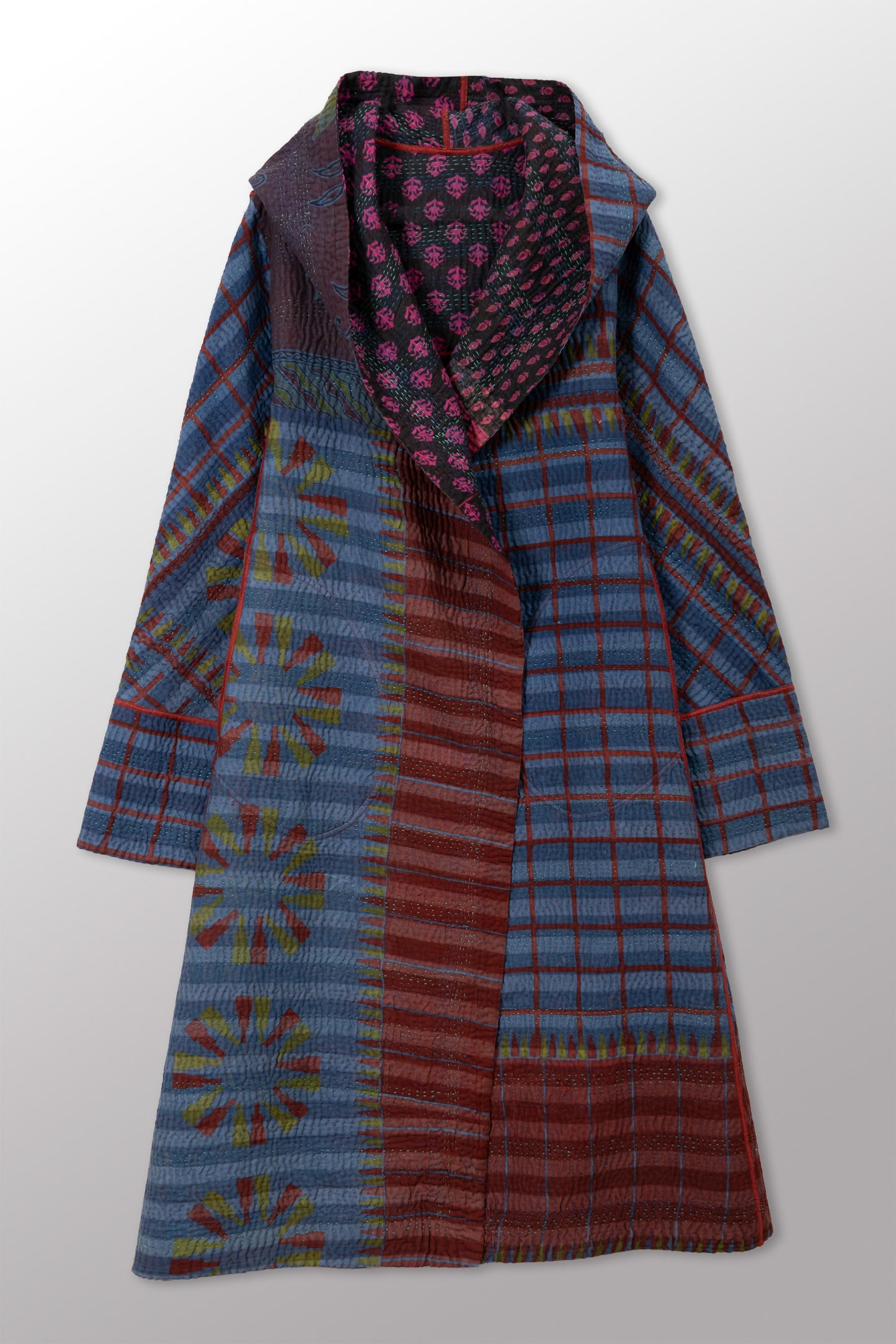 COTTON OVERDYE KANTHA HOODED A-LINE LONG COAT - ov4306-cblu001a -