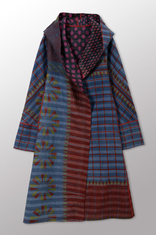 COTTON OVERDYE KANTHA HOODED A-LINE LONG COAT - ov4306-cblu001a -