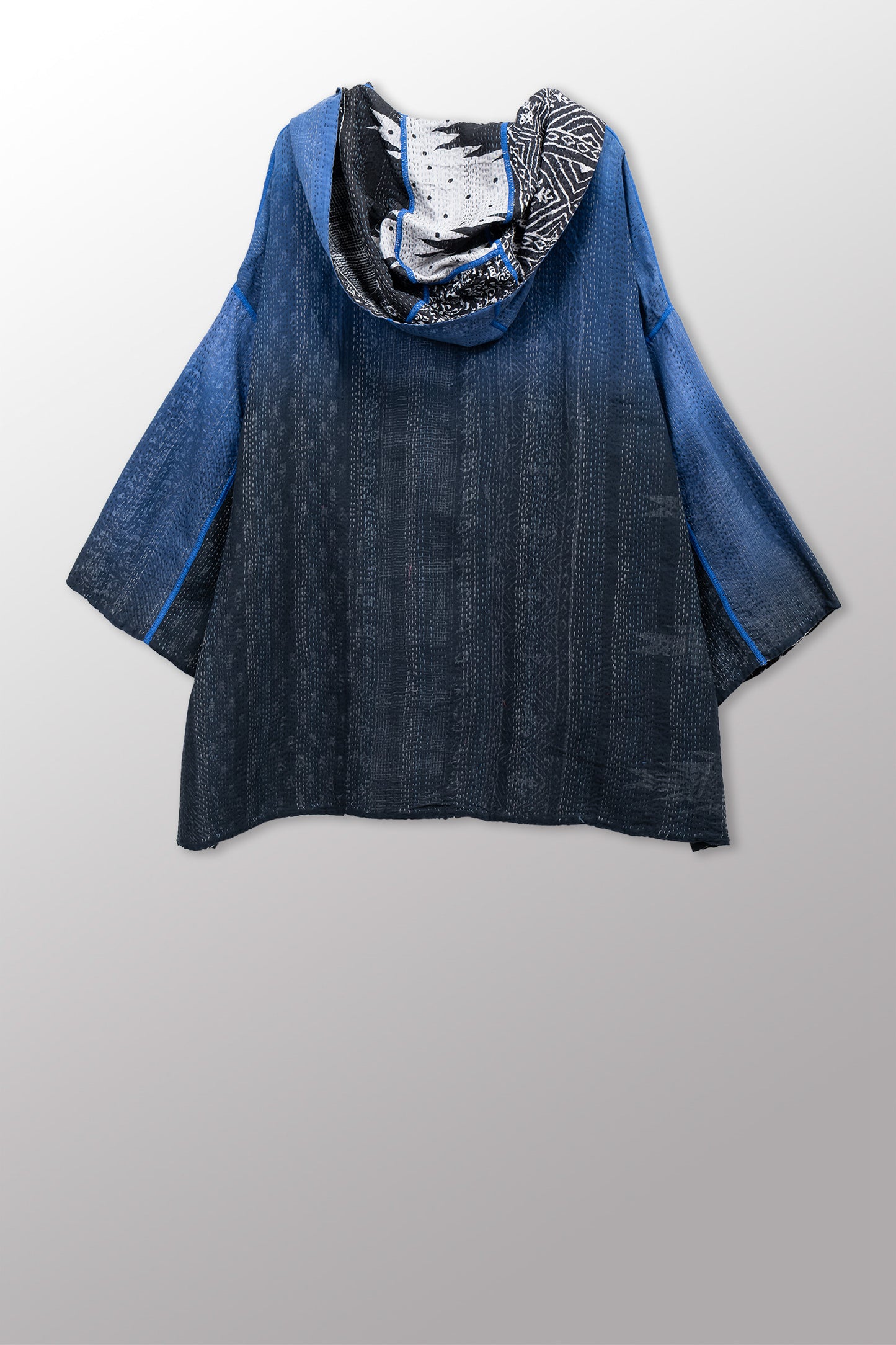SILK COTTON OMBRE PRINT KANTHA HOODIE PONCHO - os2064-blk -