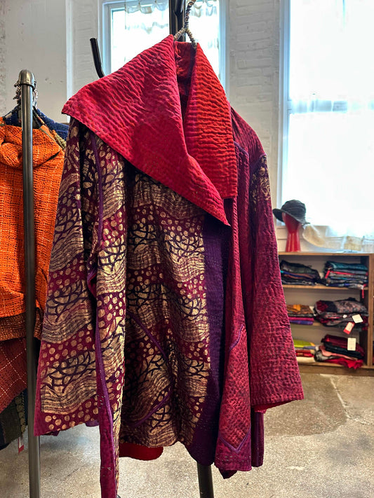 VINTAGE SILK GEORGETTE COTTON KANTHA FLARE JACKET - gc4010-0001a -