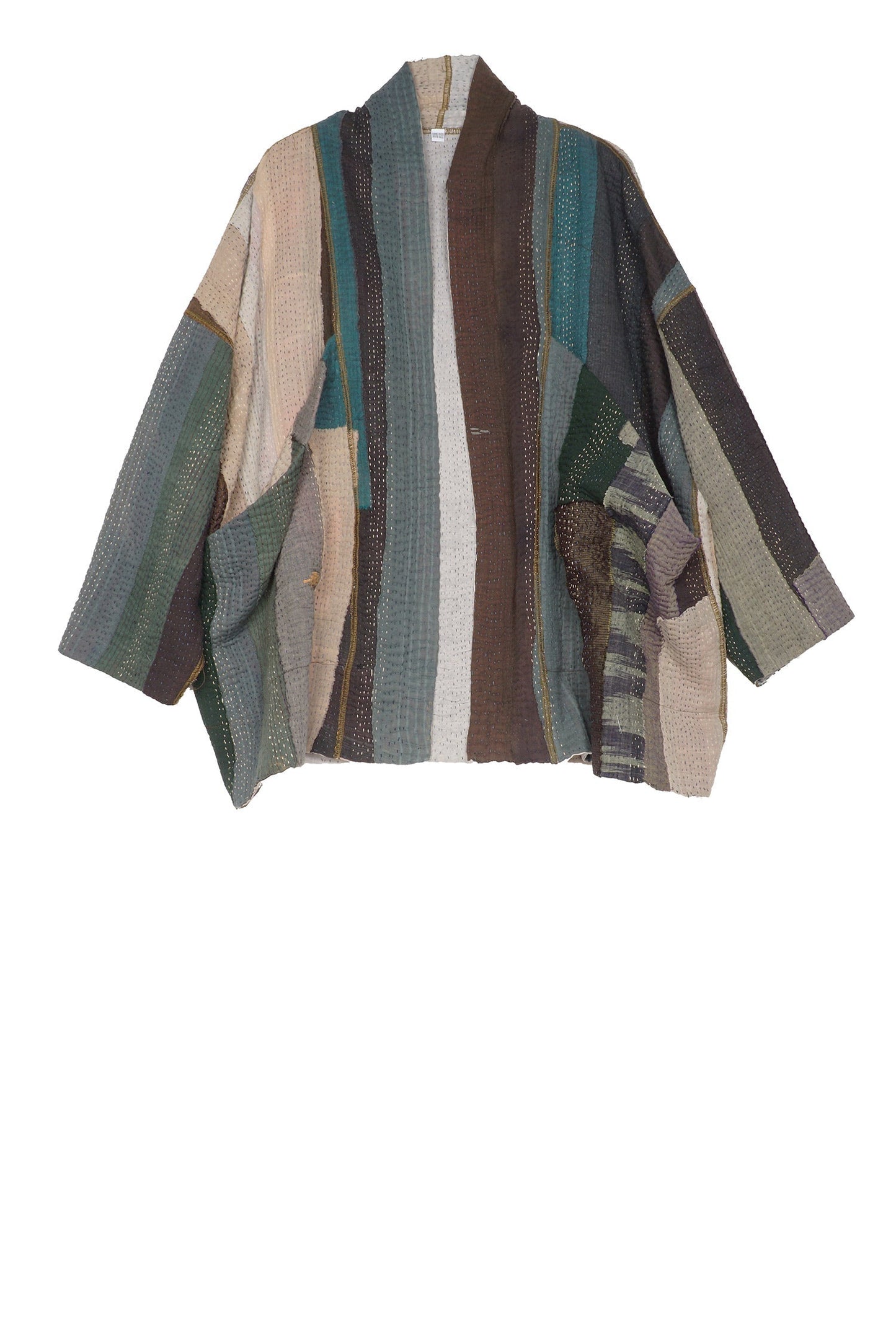COTTON STRIPE PATCH KANTHA BIG POCKET JACKET - cs4057-grn -