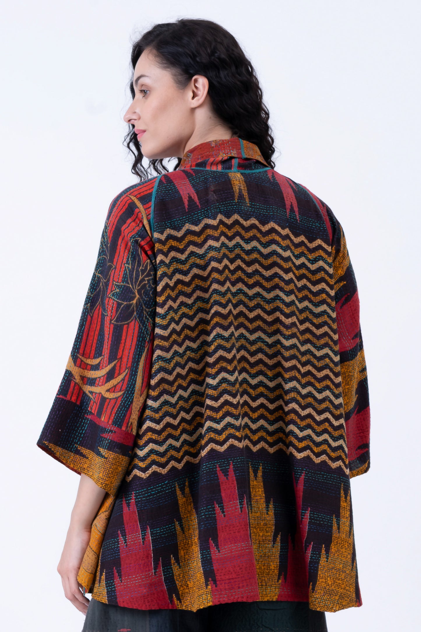 VINTAGE SILK GEORGETTE COTTON KANTHA KIMONO JKT - gc2004-0009a -