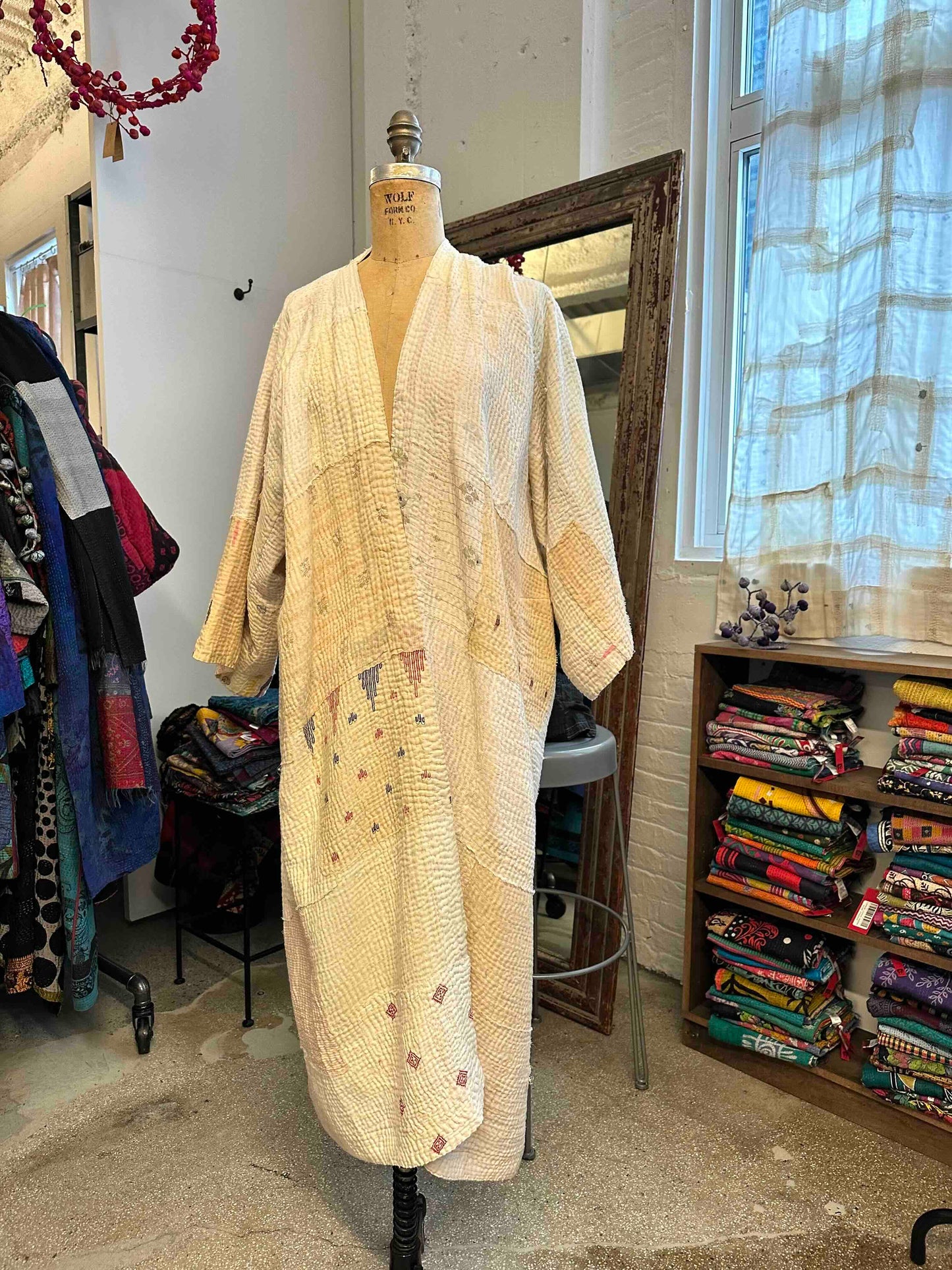 FRAYED PATCH MIX KANTHA KIMONO MAXI - fm4318-ivy -