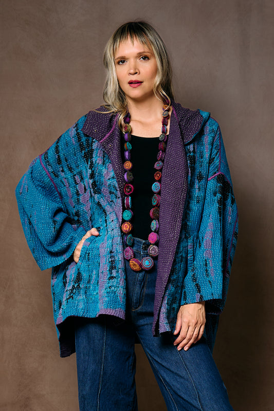 MONE SHIBORI TIE DYE KANTHA HOODIE PONCHO - ms5064-tuq -