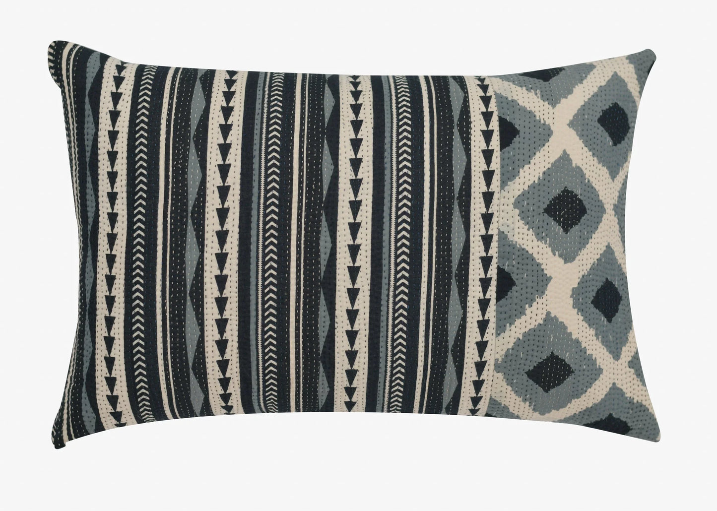 Monotone Ikat Handmade Vintage Kantha Pillow - Black