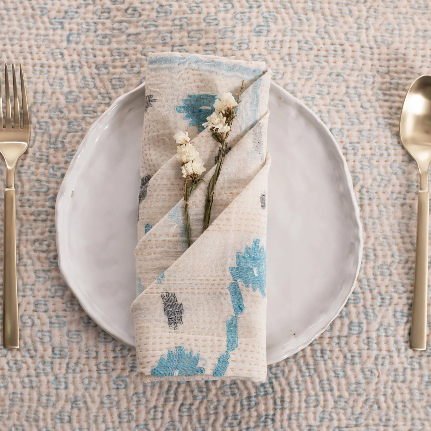 Mosaic Fray Handmade vintage Kantha Napkin - Cauliflower (Set of 2)