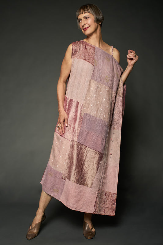 HALF SILK PATCH KANTHA ASYMMETRIC TUBE DRESS - hs2472-mov -