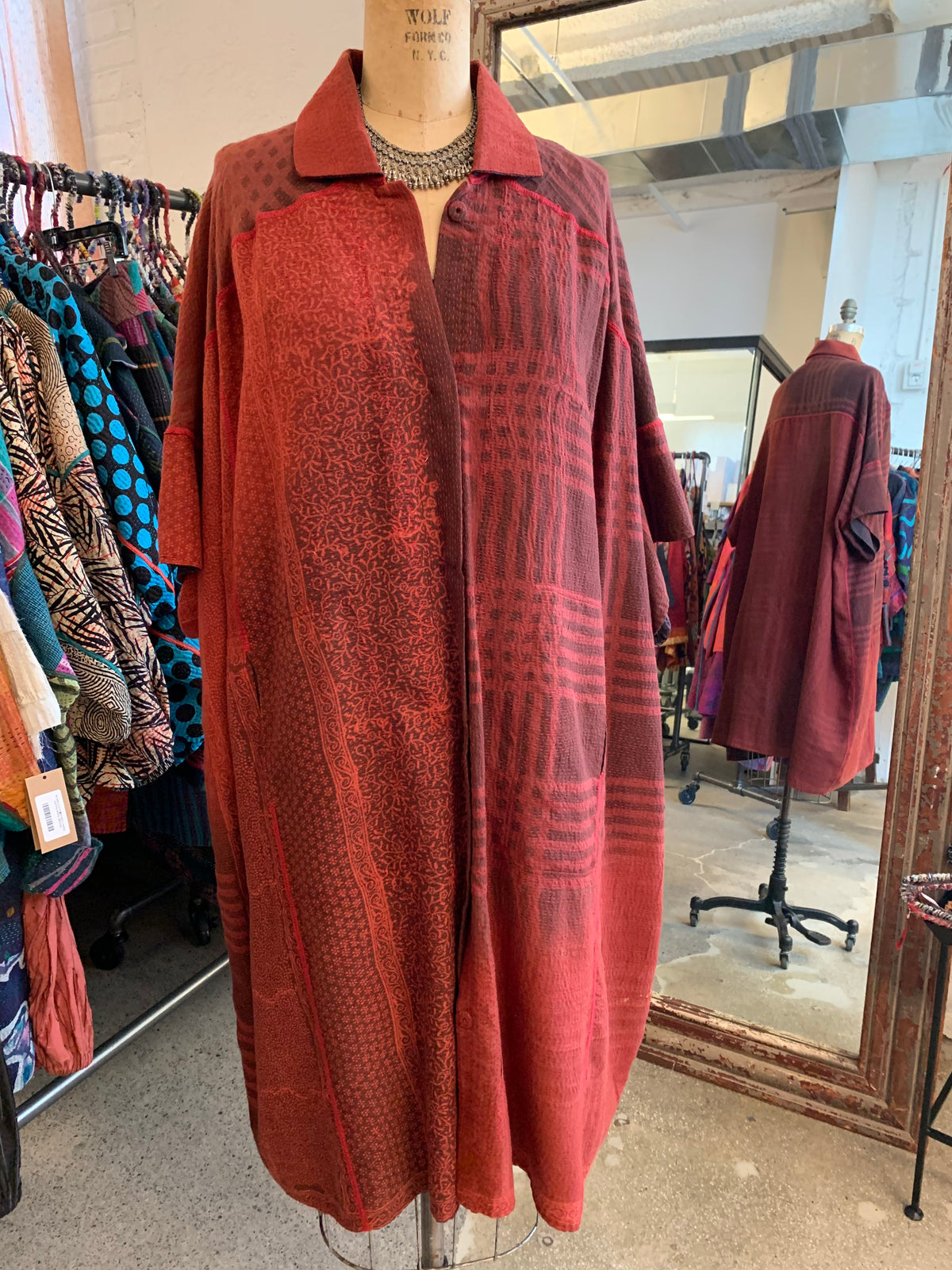 INDONESIAN PRINT KANTHA WIDE SHIRT DRESS - in2448-red -