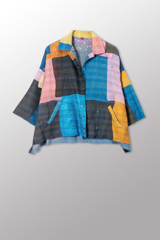 MOSAIC FRAY PATCH KANTHA CROPPED TENT SHIRT - zb2596-mlt -