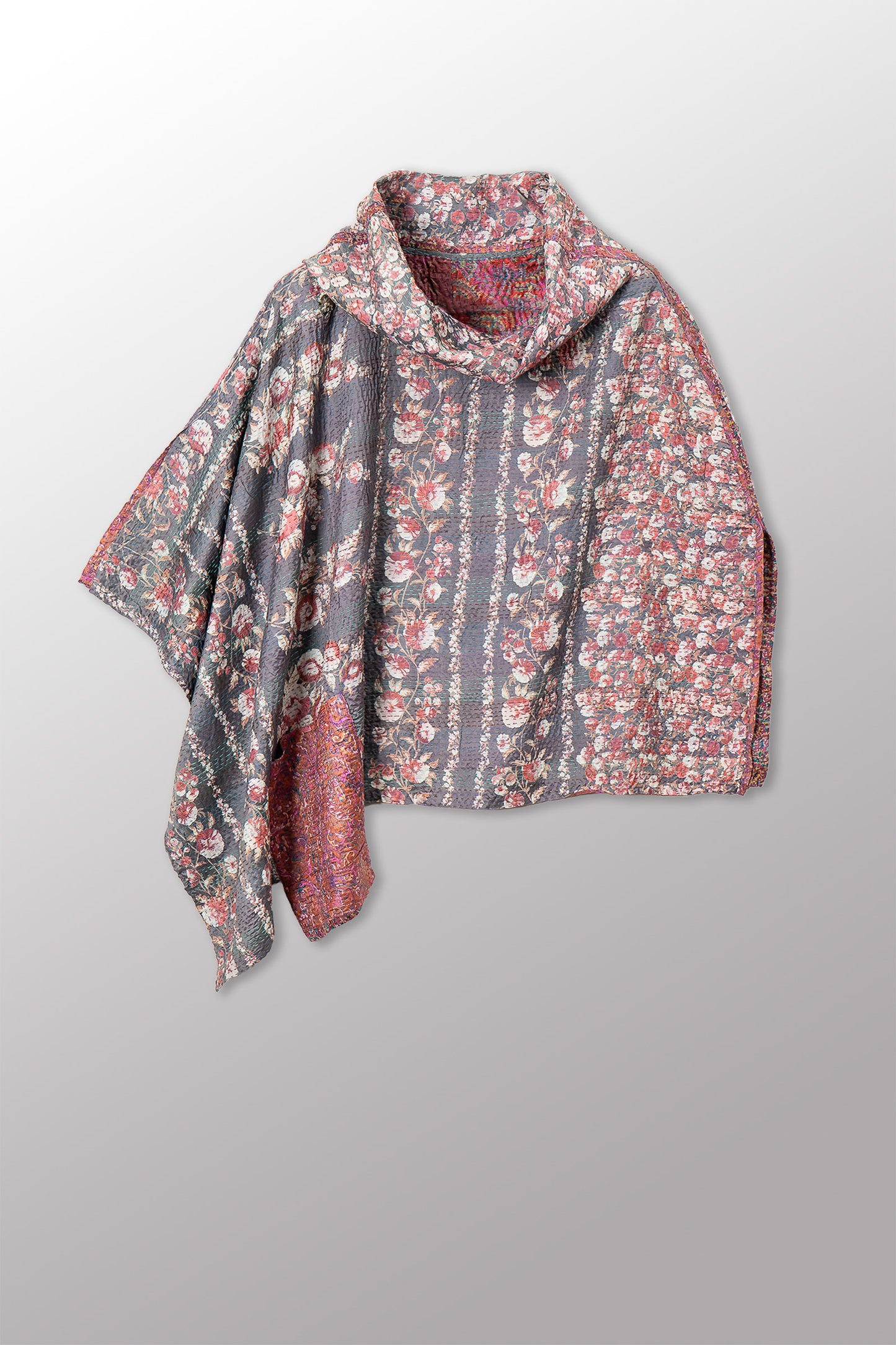 VINTAGE SILK KANTHA COWL NECK LONG CAPE - sv2842-0018a -