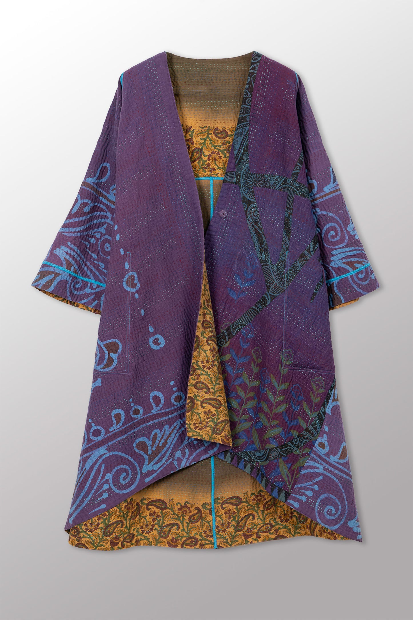 COTTON OVERDYE KANTHA WRAP FLARE COAT - ov4330-cblu004a -