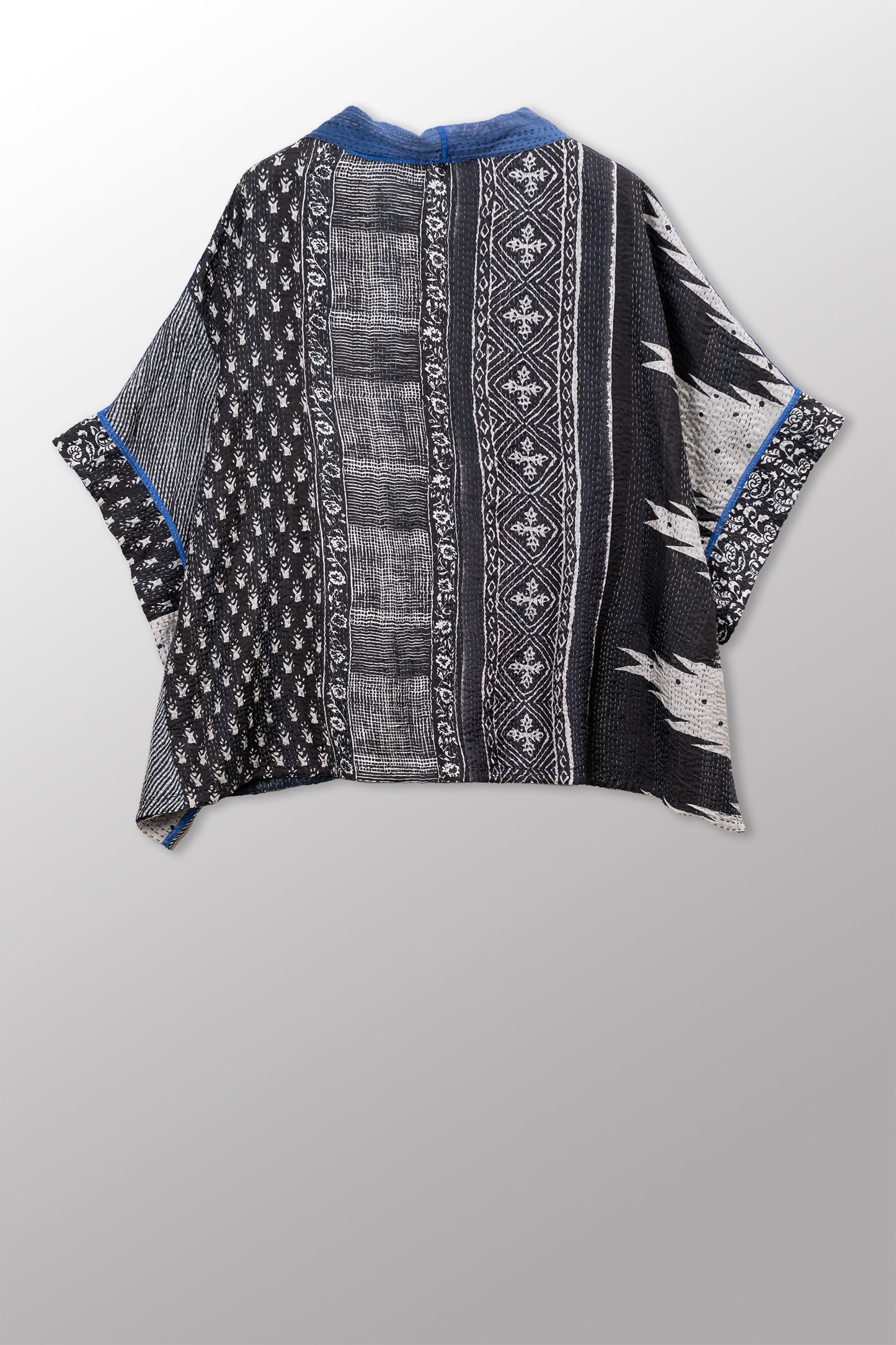 SILK COTTON OMBRE PRINT KANTHA MINI PONCHO - os2060-blk -