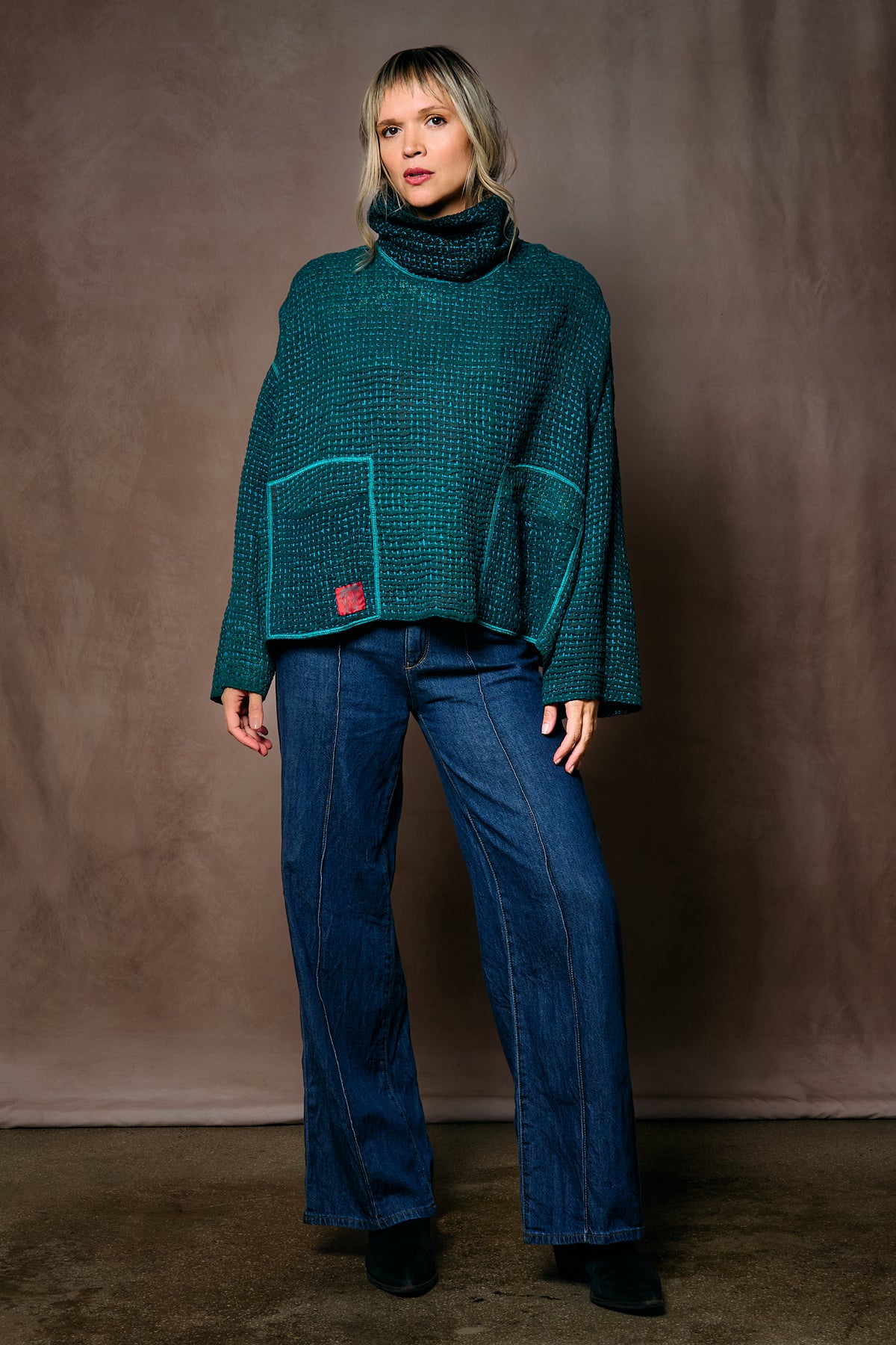 WOOL WAFFLE KANTHA NEW COWL NECK PONCHO - ww3083-tel -