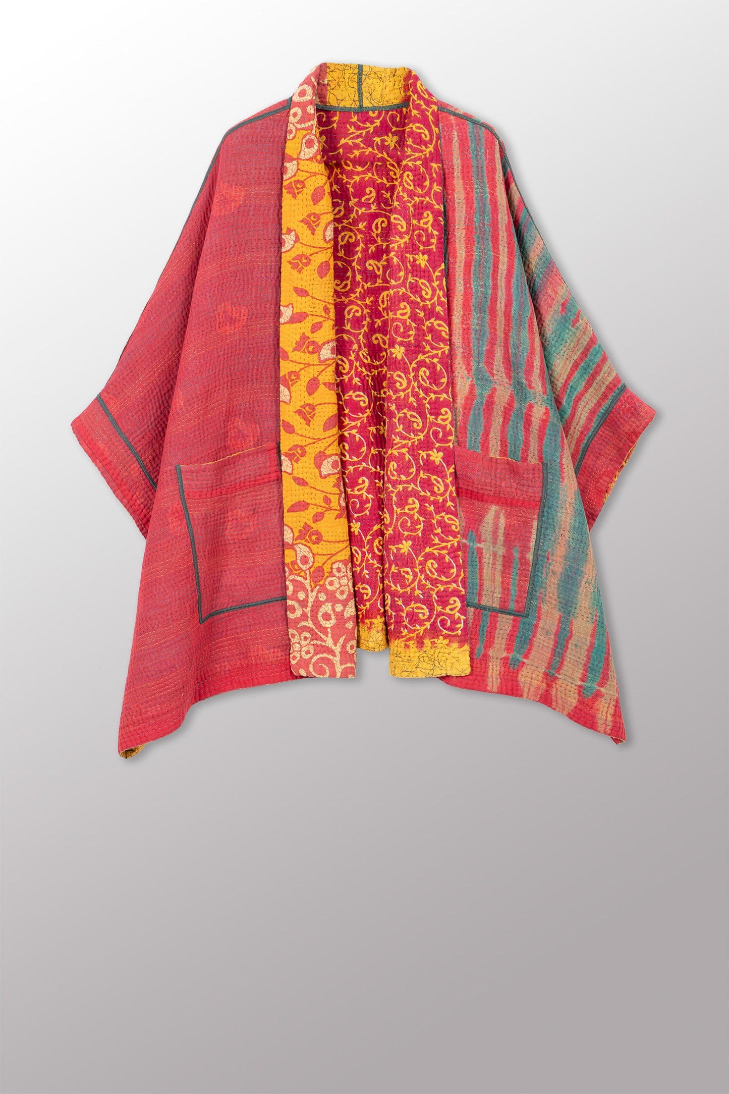 VINTAGE COTTON KANTHA DOUBLE COLLAR PONCHO - cv4323-0064a -