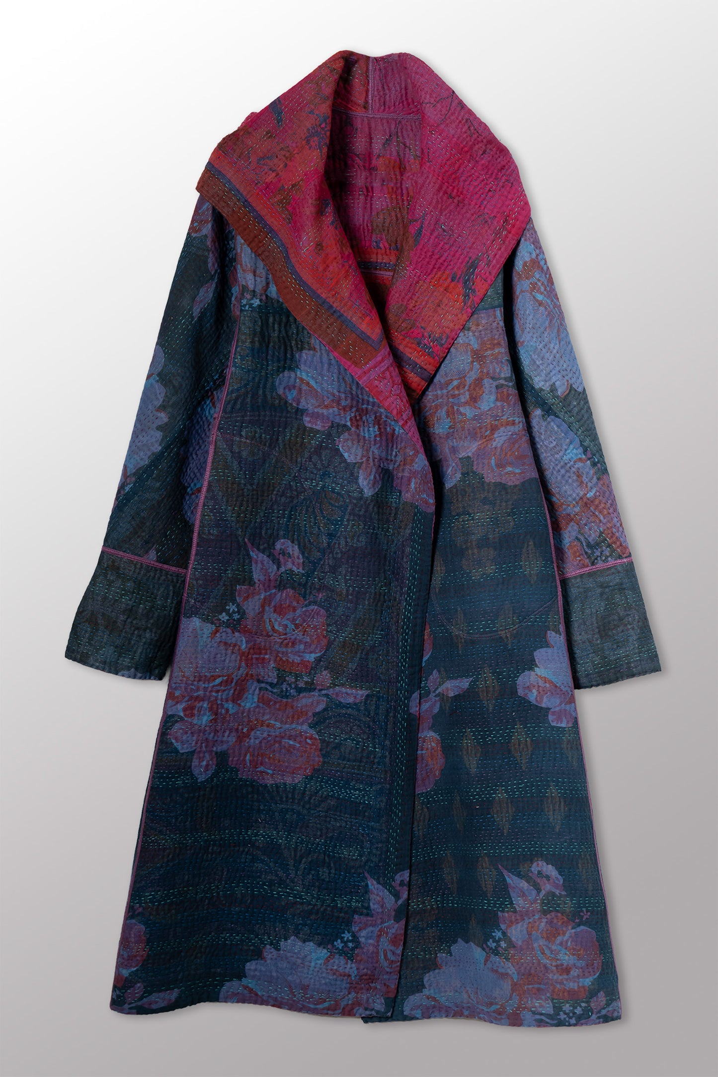 COTTON OVERDYE KANTHA HOODED A-LINE LONG COAT - ov4306-cfus001a -